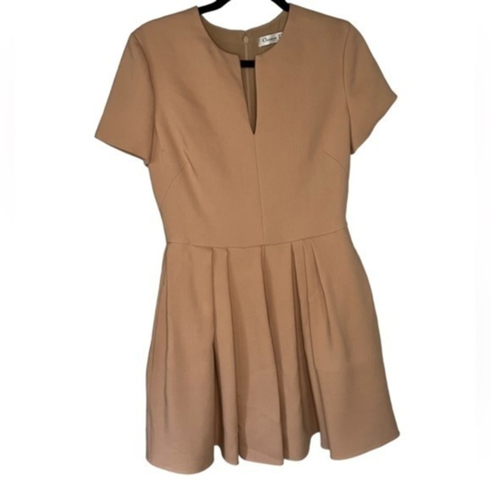 Christian Dior Tan Wool Silk Short Sleeve Pleated A-Line Mini Dress Size 10 NWT